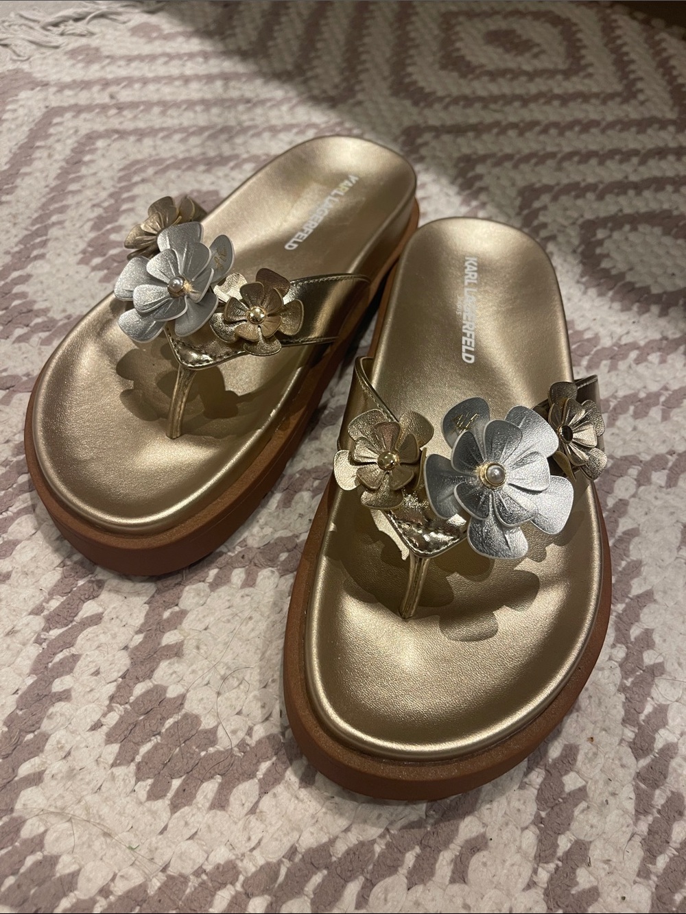 Karl Lagerfeld Gold Floral Platform Thong Sandals with Silver Accent Flowers
